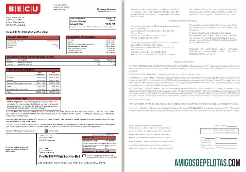 Extrato de hipoteca bancária BECU da Austrália, 2 páginas, 1 2 Scr exemplo real
